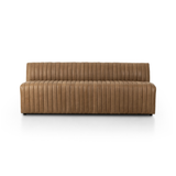 The armless dining bench is elevated with tan top-grain leather with a beautifully pronounced grain, plus dramatic channeling for a linear look. Perfectly sized for larger tables or spaces.Overall Dimensions:49" Bench: 49.00"w x 28.00"d x 31.50"hChair: 25.00"w x 28.00"d x 31.50"hCorner Chair: 28.00"w x 28.00"d x 31.50"hChair + A Half: 38.50"w x 28.00"d x 31. Amethyst Home provides interior design, new home construction design consulting, vintage area rugs, and lighting in the Calabasas metro area.