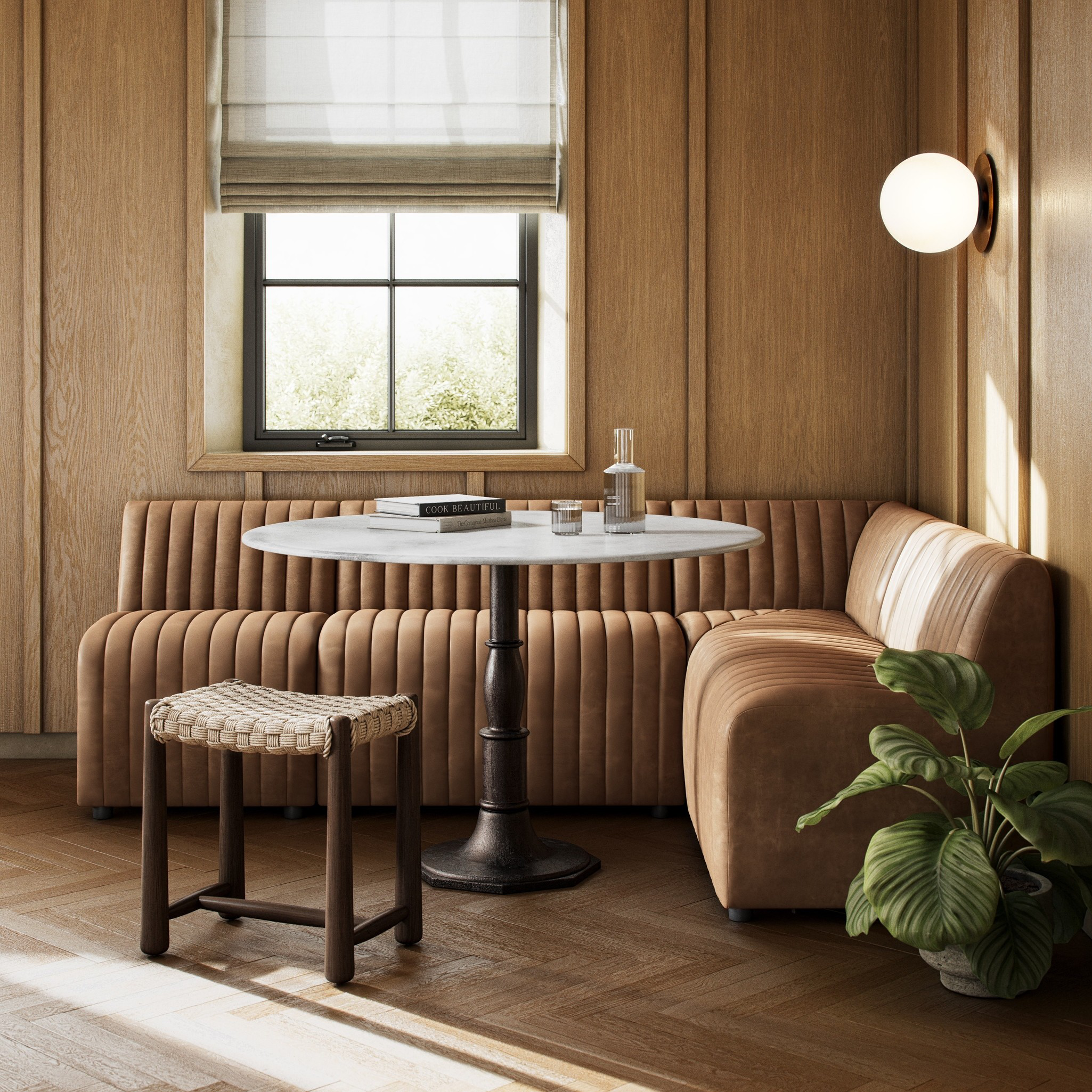 Featuring Augustine Palermo Drift Dining Banquette L Shape 91.5" by Four Hands at Amethyst Home. The beauty of this modular piece is that the vertical channeling makes for a cohesive feel despite being modular.  Welcome to your new favorite nook for morning coffee. An L-shaped dining banquette is upholstered in tan top-grain leather with a beautifully pronoun. Amethyst Home provides interior design, new home construction design consulting, vintage area rugs, and lighting in the Seattle metro area.