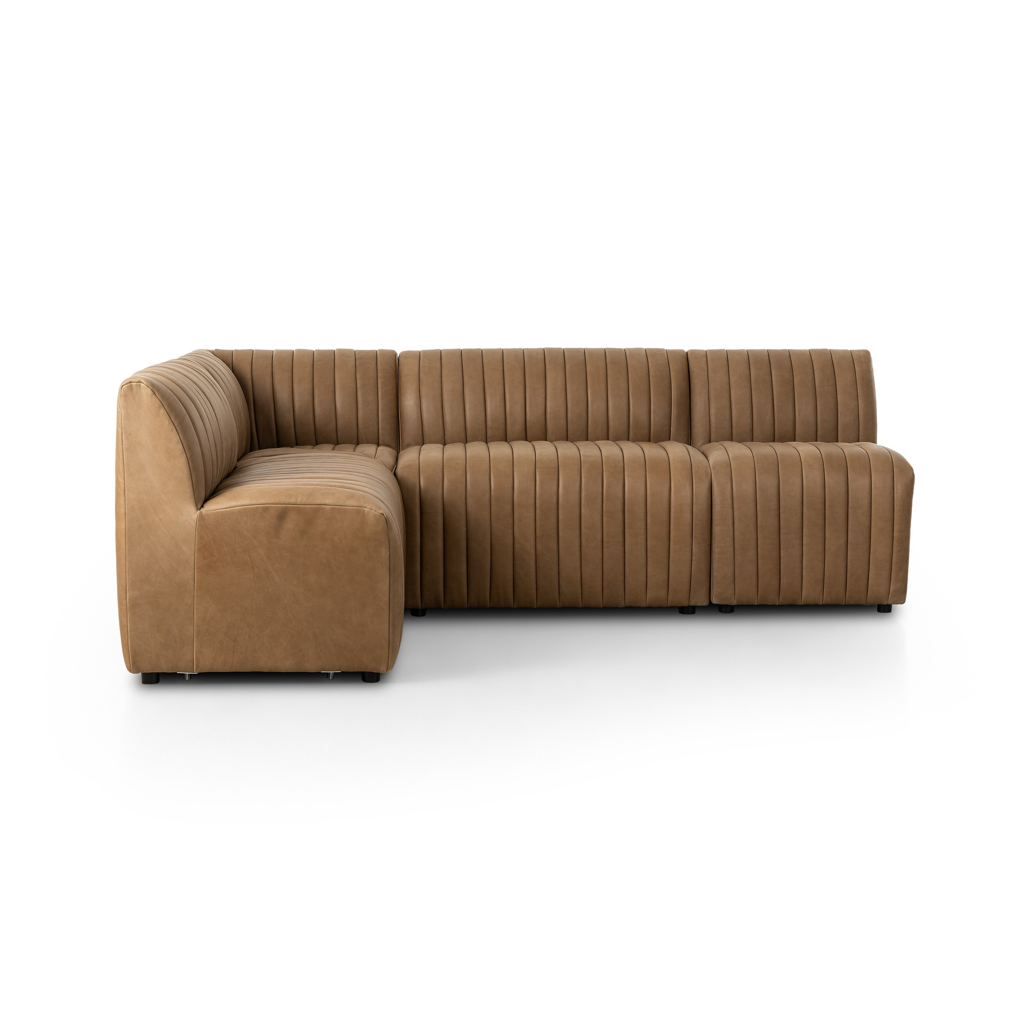 Featuring Augustine Palermo Drift Dining Banquette L Shape 91.5" by Four Hands at Amethyst Home. The beauty of this modular piece is that the vertical channeling makes for a cohesive feel despite being modular.  Welcome to your new favorite nook for morning coffee. An L-shaped dining banquette is upholstered in tan top-grain leather with a beautifully prono. Amethyst Home provides interior design, new home construction design consulting, vintage area rugs, and lighting in the Nashville metro area.