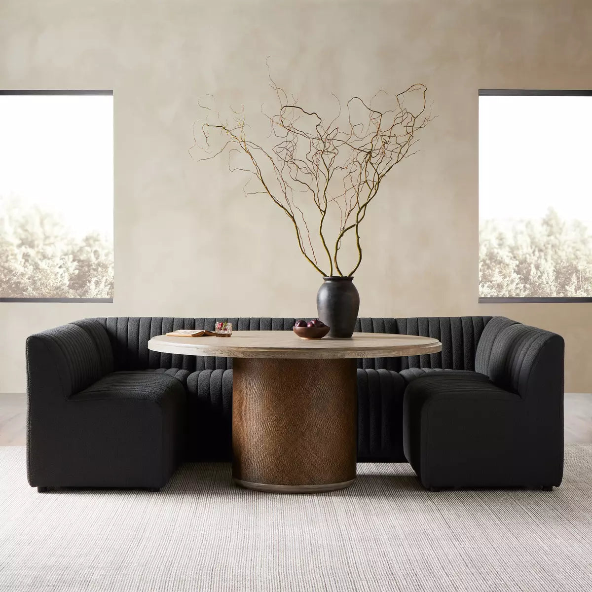Featuring Augustine Charcoal U Shape Dining Banquette by Four Hands at Amethyst Home. Charcoal high-performance fabric features dramatic channeling, for trend-forward texture. Option to pair with matching pieces for modularity. Upholstered in a Fiqa boucle textile, the next generation of performance fabric. Easy to clean and made from fully recyclable m. Amethyst Home provides interior design, new home construction design consulting, vintage area rugs, and lighting in the Newport Beach metro area.