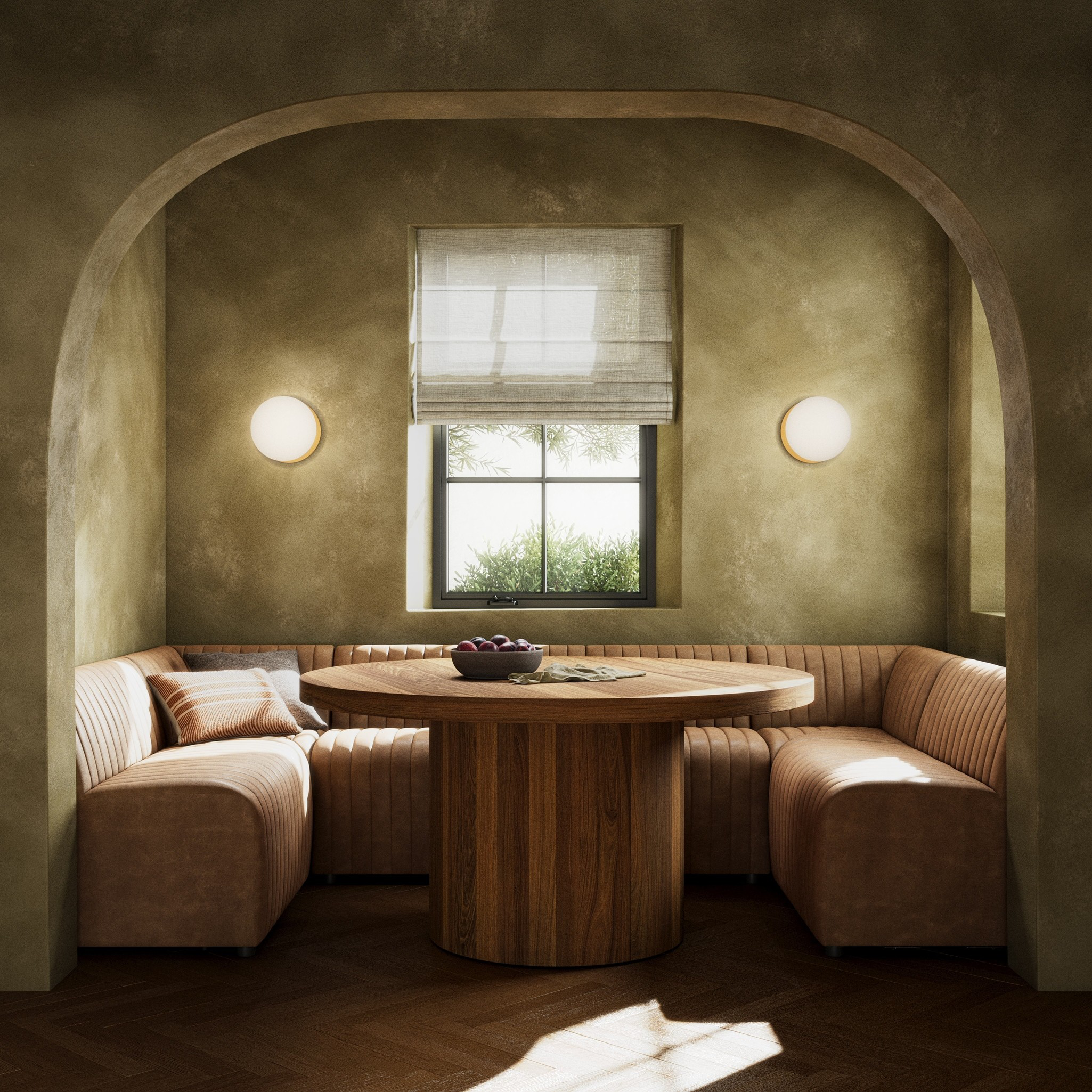 Featuring Augustine Palermo Drift Dining Banquette U Shape 119.5" by Four Hands at Amethyst Home. The beauty of this modular piece is that the vertical channeling makes for a cohesive feel despite being modular. Your new favorite place to enjoy morning coffee. A U-shaped dining banquette is upholstered in tan top-grain leather with a beautifully pronounced gra. Amethyst Home provides interior design, new home construction design consulting, vintage area rugs, and lighting in the Dallas metro area.