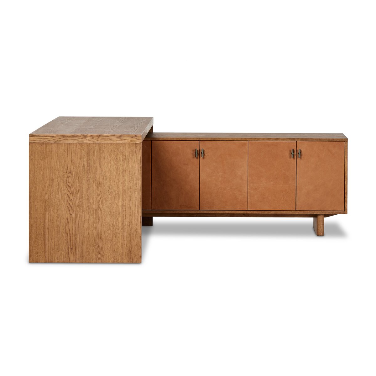Reflect your unique style with a modular desk and matching media console of amber-finished oak and cognac top-grain leather. Arrange to suit your space, while adding plenty of storage space to the office.Overall Dimensions: 78"W x 70"L x 30"H Amethyst Home provides interior design, new home construction design consulting, vintage area rugs, and lighting in the Park City metro area.