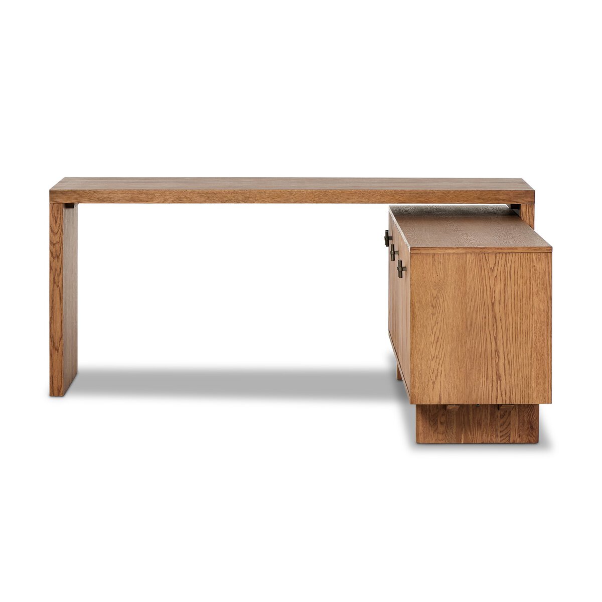 Reflect your unique style with a modular desk and matching media console of amber-finished oak and cognac top-grain leather. Arrange to suit your space, while adding plenty of storage space to the office.Overall Dimensions: 78"W x 70"L x 30"H Amethyst Home provides interior design, new home construction design consulting, vintage area rugs, and lighting in the Laguna Beach metro area.