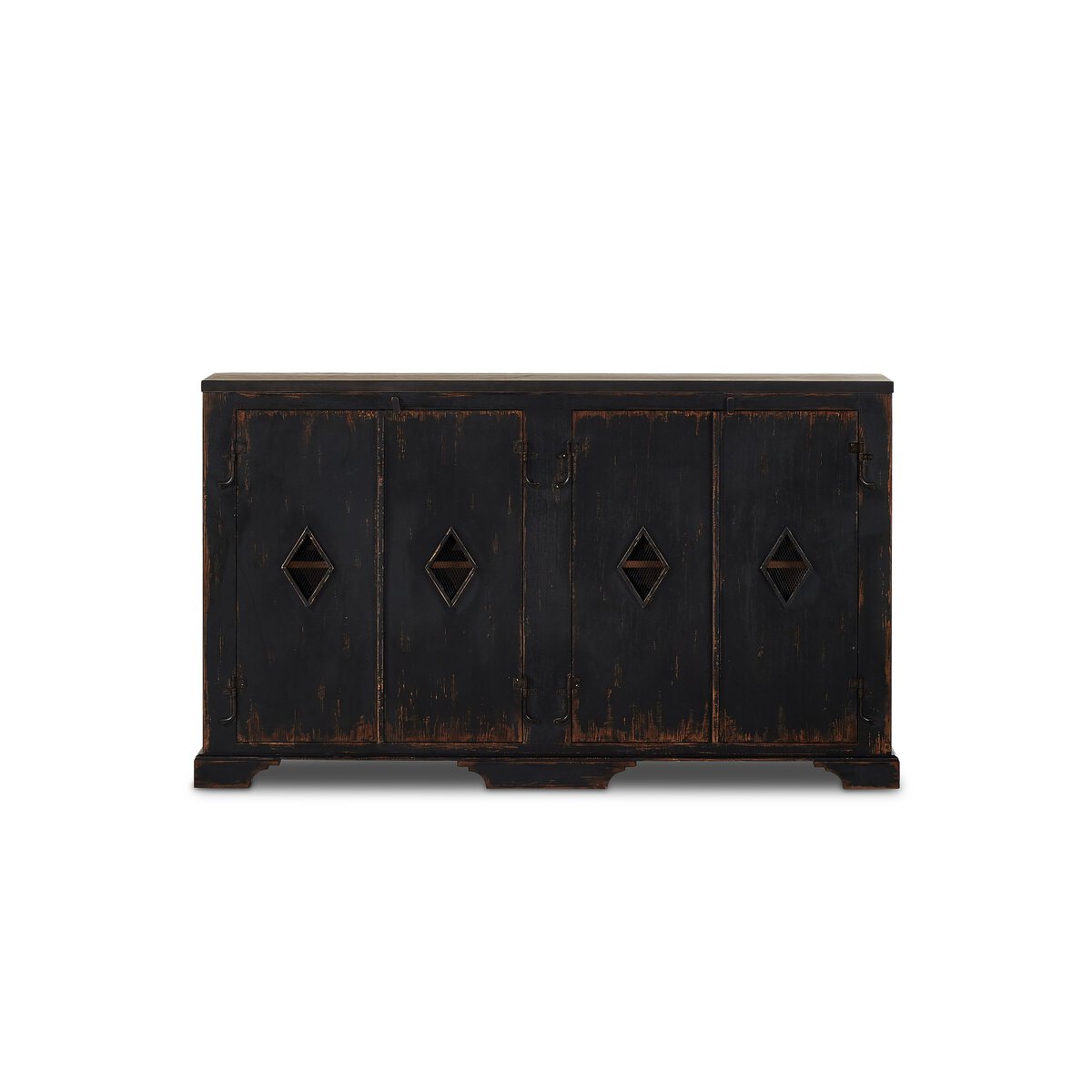 Featuring The Black Humptulips River Moonshine Cabinet by Four Hands at Amethyst Home. By the makers at Van Thiel, known for their antique-inspired pieces and hand-applied finishes. This wide but slim solid pine cabinet features door fronts with diamond cutout details and wire mesh inserts. Detailed with antique-inspired hardware and hinges. Metal-clad top in . Amethyst Home provides interior design, new home construction design consulting, vintage area rugs, and lighting in the Dallas metro area.