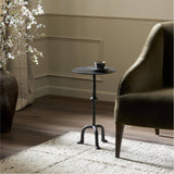 Formed from cast metal with a textured black finish, with turning details on the post for visual interest. Three curved legs are inspired by classic antique metal tables. Amethyst Home provides interior design, new home construction design consulting, vintage area rugs, and lighting in the Newport Beach metro area.