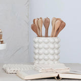 Creative Co-Op 8.25 Inches Round Stoneware Canister with Raised Dots and Acacia Wood Lid, White and Natural