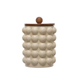 Creative Co-Op 8.25 Inches Round Stoneware Canister with Raised Dots and Acacia Wood Lid, White and Natural