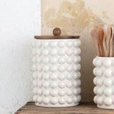 Creative Co-Op 8.25 Inches Round Stoneware Canister with Raised Dots and Acacia Wood Lid, White and Natural