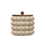 Creative Co-Op 8.25 Inches Round Stoneware Canister with Raised Dots and Acacia Wood Lid, White and Natural