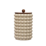 Creative Co-Op 8.25 Inches Round Stoneware Canister with Raised Dots and Acacia Wood Lid, White and Natural