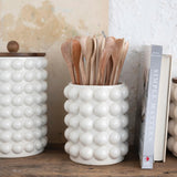 Creative Co-Op 8.25 Inches Round Stoneware Canister with Raised Dots and Acacia Wood Lid, White and Natural