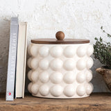 Creative Co-Op 8.25 Inches Round Stoneware Canister with Raised Dots and Acacia Wood Lid, White and Natural