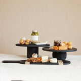 Creative Co-Op Oval Mango Wood Cheese and Cutting Board with Stripes and Handle, Black and Natural