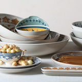 Creative Co-Op Hand Stamped Stoneware Bowl with Pattern, Set of 4 Serveware, 5"L x 5"W x 3"H, Blue & Cream