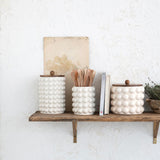 Creative Co-Op 8.25 Inches Round Stoneware Canister with Raised Dots and Acacia Wood Lid, White and Natural