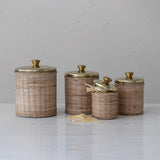 Creative Co-Op Rattan Wrapped Stainless Steel Canisters, Set of 4, Brass Finish