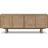 Store favorite dinnerware, table linens and more in this modernized Deco sideboard, with inverted chamfered framing and molding around the doors. Made from solid oak with a light, drifted finish and ski-style legs that elevate the whole piece Amethyst Home provides interior design, new home construction design consulting, vintage area rugs, and lighting in the Austin metro area.