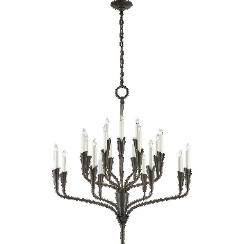 Featuring Aiden Large Chandelier by Visual Comfort at Amethyst Home. Effortlessly combining mid-century and medieval elements, Chapman & Myers' Aiden showcases hammered steel, manipulated with traditional hand-applied techniques to enhance its unexpected textures. The sculptural silhouettes boast details inspired by calla lilies that lend an organic touch.  Amethyst Home provides interior design, new home construction design consulting, vintage area rugs, and lighting in the Scottsdale metro area.