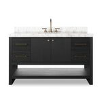 Set the tone for a calming, peaceful space with this simple, yet spacious design. Crafted with a wire-brushed, thick oak veneer base in a black wash finish for added character, a Carrera marble top and solid brass hardware. A mix of drawers, cabinets and open shelving offers a variety of storage and styling options. Finished with a bath-safe sealant for moisture resistance. Amethyst Home provides interior design, new construction, custom furniture, and area rugs in the Austin metro area