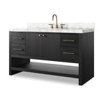 Set the tone for a calming, peaceful space with this simple, yet spacious design. Crafted with a wire-brushed, thick oak veneer base in a black wash finish for added character, a Carrera marble top and solid brass hardware. A mix of drawers, cabinets and open shelving offers a variety of storage and styling options. Finished with a bath-safe sealant for moisture resistance. Amethyst Home provides interior design, new construction, custom furniture, and area rugs in the Dallas metro area