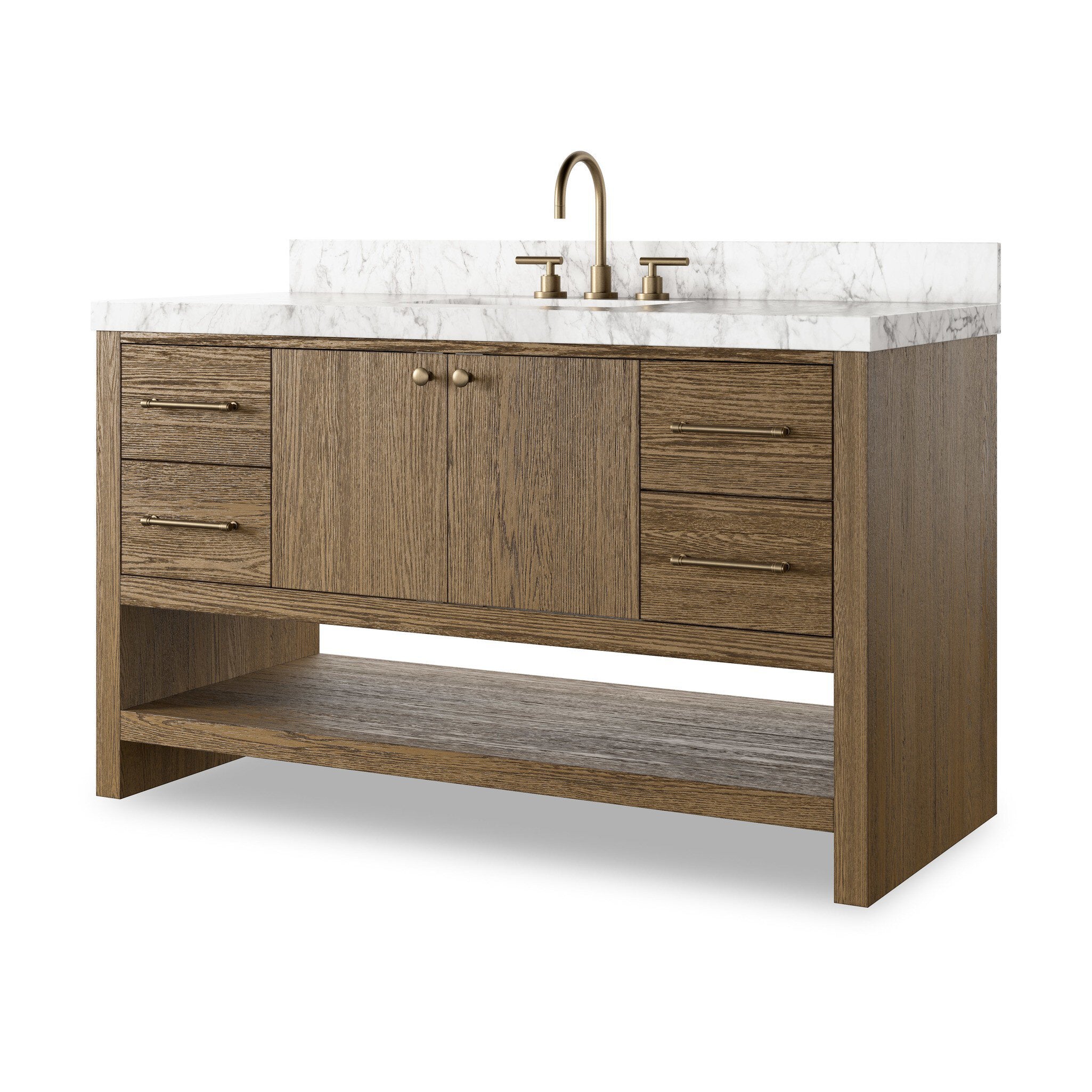 Set the tone for a calming, peaceful space with this simple, yet spacious design. Crafted with a wire-brushed, thick oak veneer base in a natural finish for added character, a Carrera marble top and solid brass hardware. A mix of drawers, cabinets and open shelving offers a variety of storage and styling options. Finished with a bath-safe sealant for moisture resistance. Amethyst Home provides interior design, new construction, custom furniture, and area rugs in the Des Moines metro area