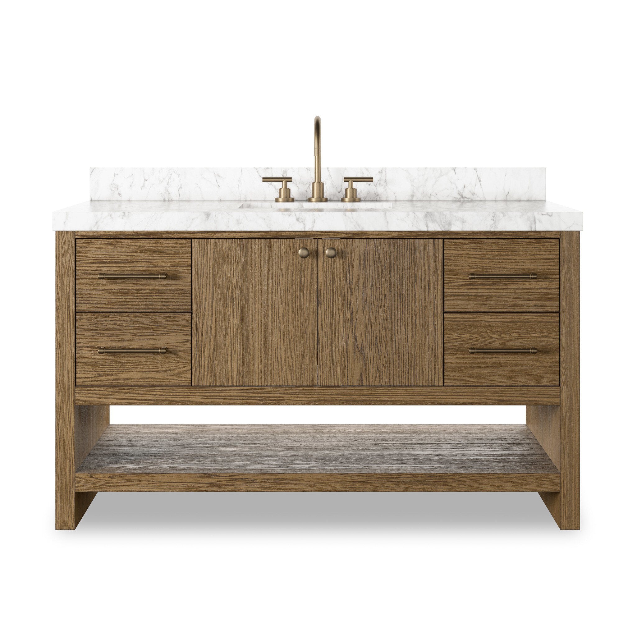 Set the tone for a calming, peaceful space with this simple, yet spacious design. Crafted with a wire-brushed, thick oak veneer base in a natural finish for added character, a Carrera marble top and solid brass hardware. A mix of drawers, cabinets and open shelving offers a variety of storage and styling options. Finished with a bath-safe sealant for moisture resistance. Amethyst Home provides interior design, new construction, custom furniture, and area rugs in the Laguna Beach metro area