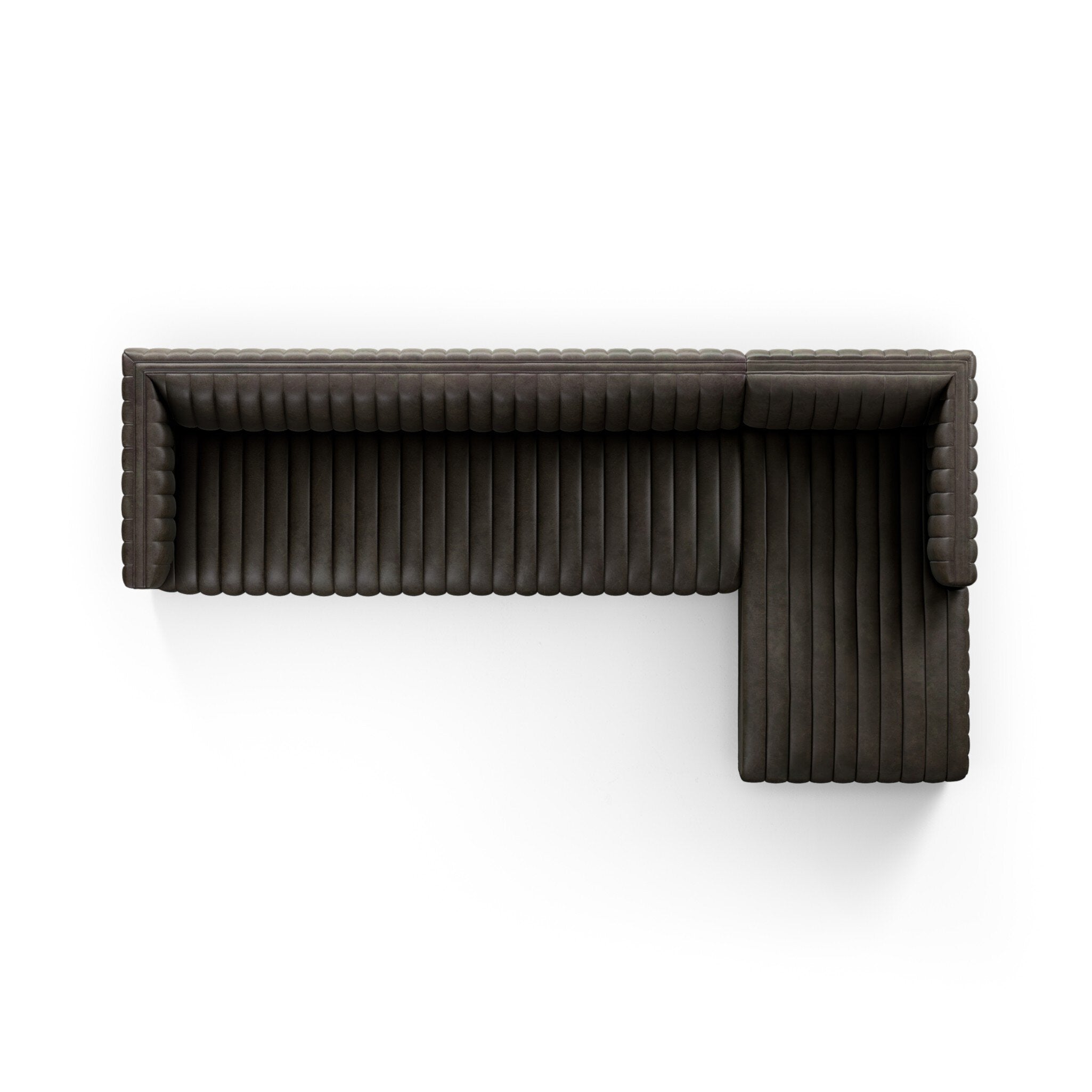 Featuring Augustine Deacon Wolf 2-Piece Sectional by Four Hands at Amethyst Home. A dramatically channeled sofa wrapped in a dark top-grain leather creates a mature, clean look inspired by modern menswear. Two-piece sectional with right arm-facing chaise, perfectly sized for smaller spaces.Left ChaiseOverall Dimensions: 126.00"w x 64.00"d x 26.50"hWeight: 189.59 lbsRight ChaiseOve. Amethyst Home provides interior design, new construction, custom furniture, and area rugs in the Calabasas metro area