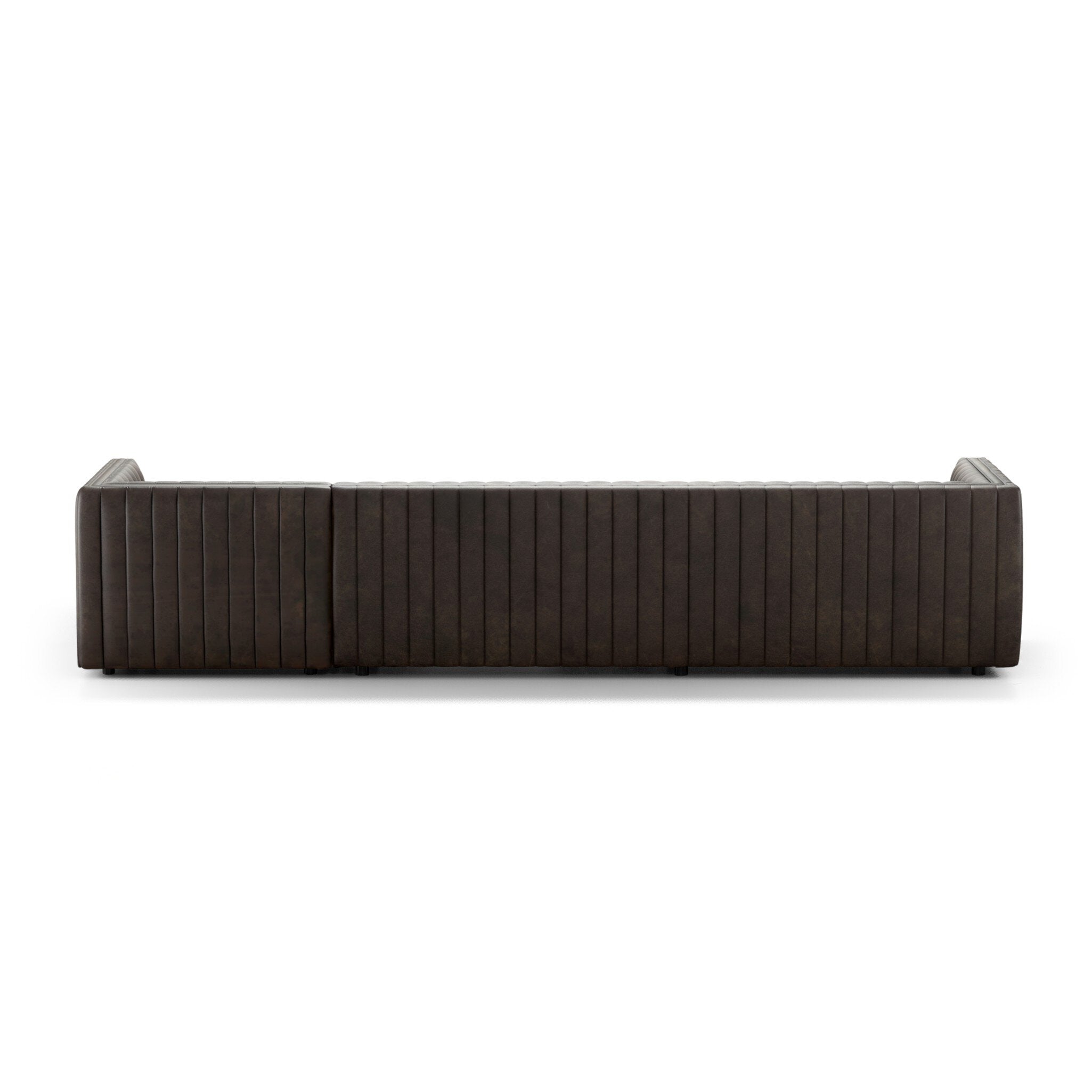 Featuring Augustine Deacon Wolf 2-Piece Sectional by Four Hands at Amethyst Home. A dramatically channeled sofa wrapped in a dark top-grain leather creates a mature, clean look inspired by modern menswear. Two-piece sectional with right arm-facing chaise, perfectly sized for smaller spaces.Left ChaiseOverall Dimensions: 126.00"w x 64.00"d x 26.50"hWeight: 189.59 lbsRight ChaiseOve. Amethyst Home provides interior design, new construction, custom furniture, and area rugs in the Charlotte metro area