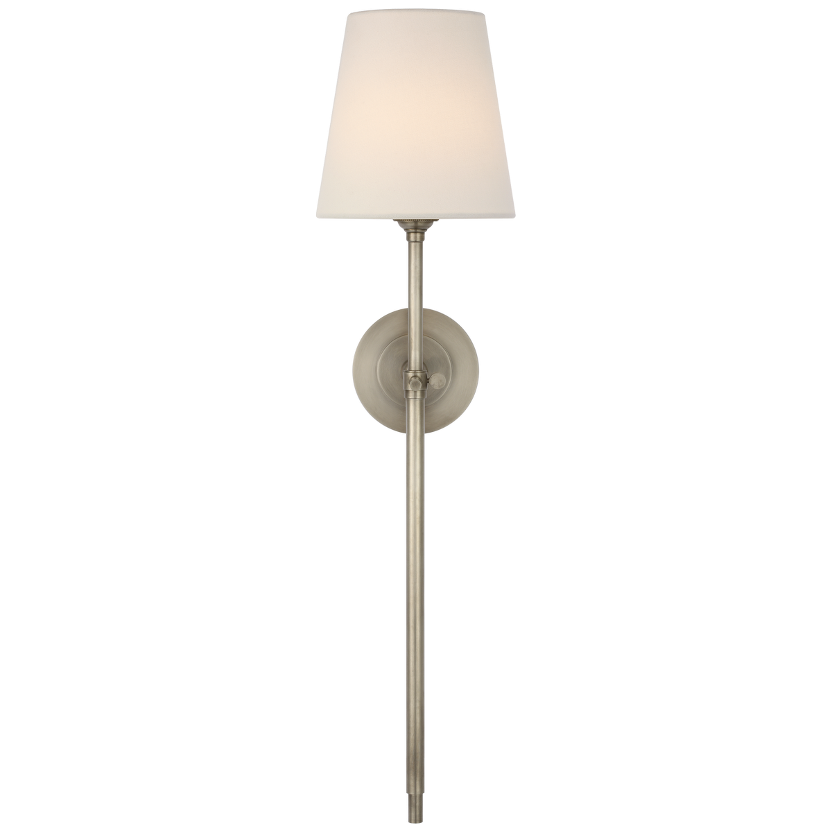 Featuring Bryant 27" Cordless Tail Sconce Antique Nickel by Visual Comfort at Amethyst Home. Bryant 27" Cordless Tail Sconce in Antique Nickel with Linen Shade
Overall Dimensions: 6.5" Lx 6.5" W x 26.75" H Weight : 3 lbs.. Amethyst Home provides interior design, new construction, custom furniture, and area rugs in the Charlotte metro area