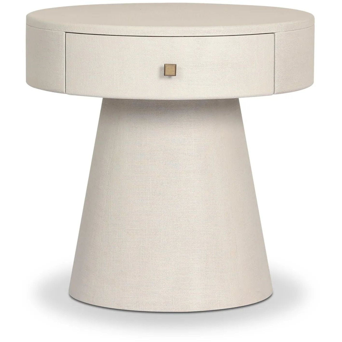 Wrapped in ivory painted linen, a rounded nightstand features a single drawer and tapered pedestal base, bringing crisp texture plus storage to the bedside Amethyst Home provides interior design, new home construction design consulting, vintage area rugs, and lighting in the Scottsdale metro area.