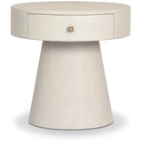 Wrapped in ivory painted linen, a rounded nightstand features a single drawer and tapered pedestal base, bringing crisp texture plus storage to the bedside Amethyst Home provides interior design, new home construction design consulting, vintage area rugs, and lighting in the Scottsdale metro area.