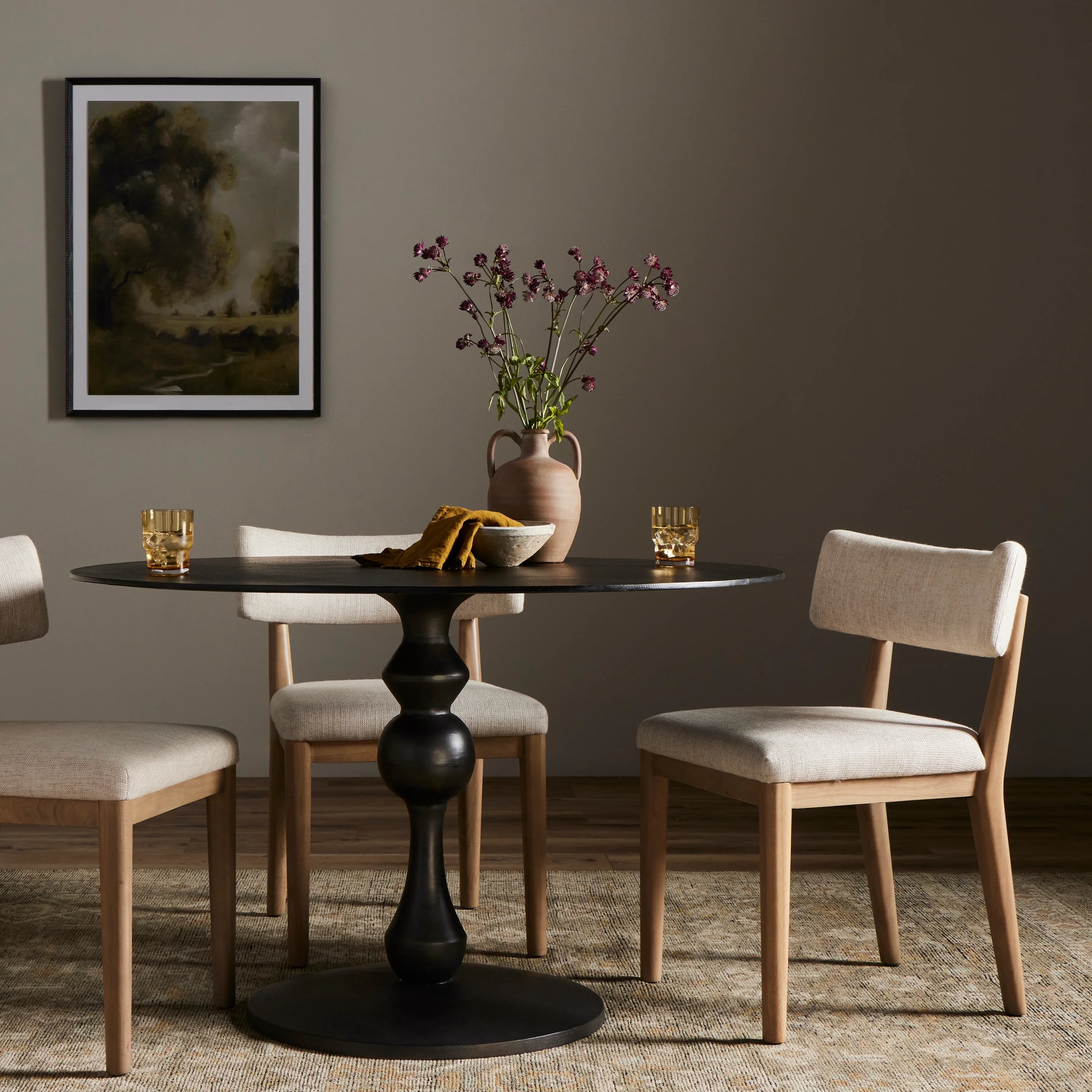 Daffin Black Antique Round Bistro Table and Cardell Essence Natural Dining Chair