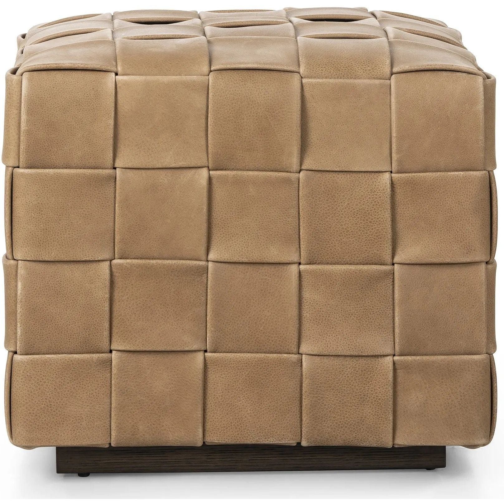 Featuring Flores Palermo Drift Ottoman by Four Hands at Amethyst Home. Soft, specialized top-grain leather is hand-woven, crafting a look of a treasured vintage find. Use as bonus seating or style with a tray for an extra surface.Overall Dimensions: 19.50"w x 19.50"d x 17.00"hWeight : 31.31 lbsMaterials: Top Grain Leather, Solid Oak, 100% Polyester. Amethyst Home provides interior design, new home construction design consulting, vintage area rugs, and lighting in the Newport Beach metro area.