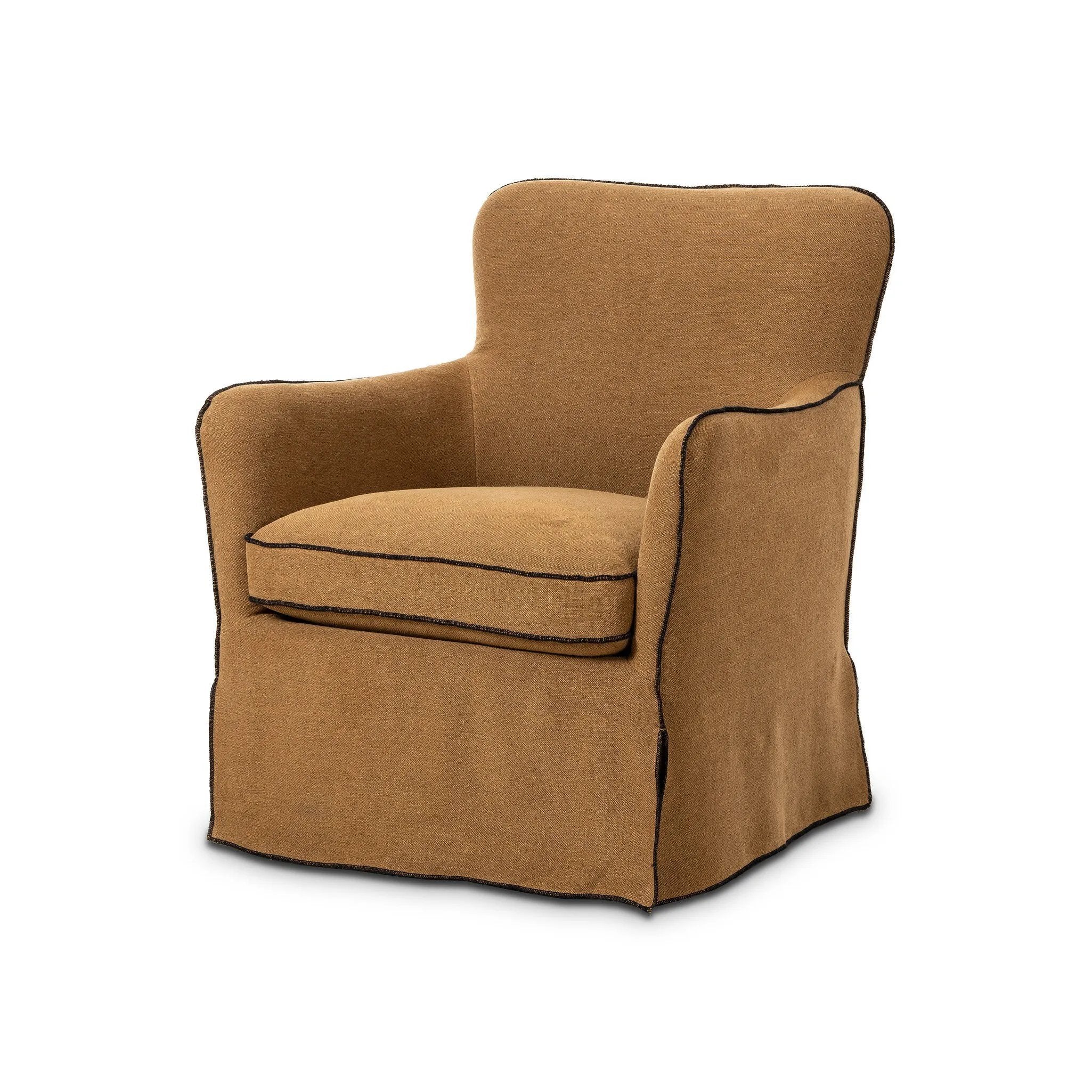 As fans of clean materials at Amethyst, we love the designer inspired Devon Slipcover Swivel Chair - Broadway Gilt. This item pairs well with other brands such as Ethnicraft and is perfect for minimalist homes Amethyst Home provides interior design, new home construction design consulting, vintage area rugs, and lighting in the Boston metro area.