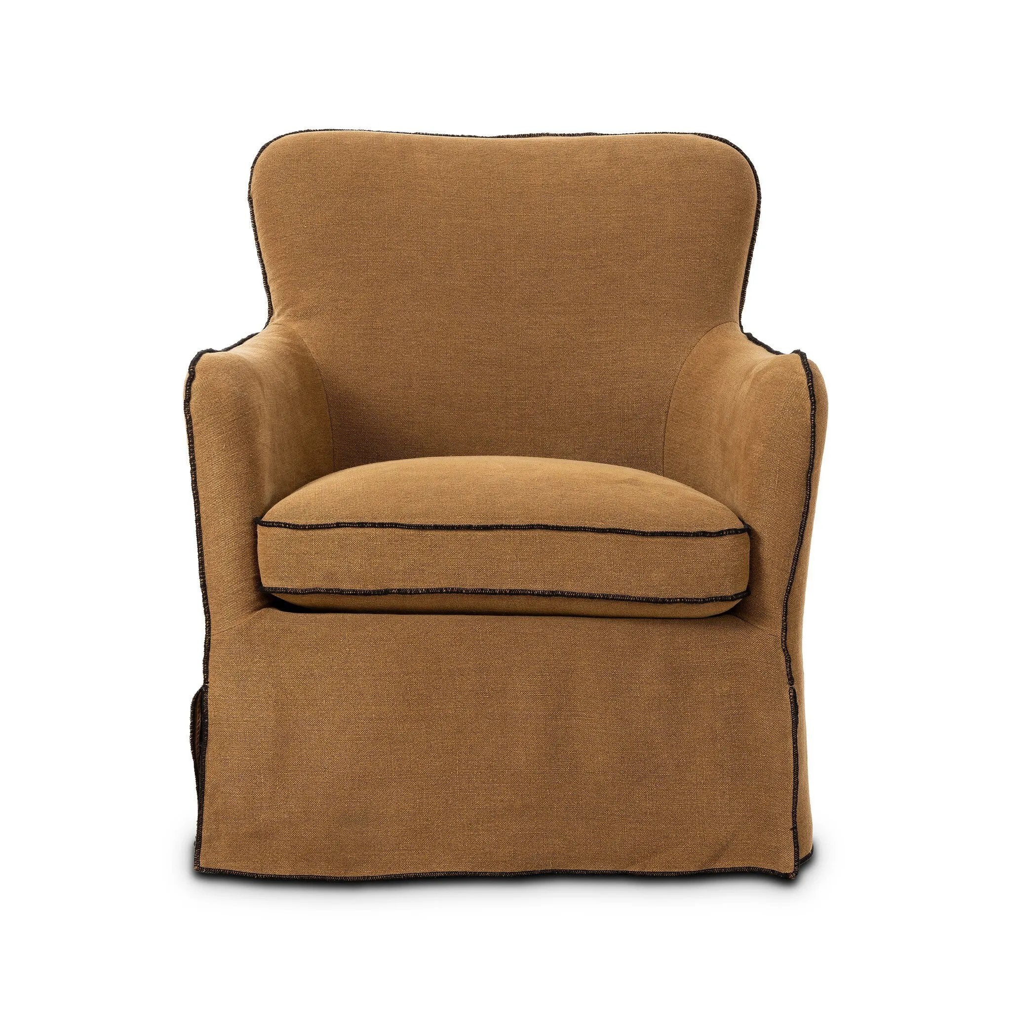 As fans of clean materials at Amethyst, we love the designer inspired Devon Slipcover Swivel Chair - Broadway Gilt. This item pairs well with other brands such as Ethnicraft and is perfect for minimalist homes Amethyst Home provides interior design, new home construction design consulting, vintage area rugs, and lighting in the Omaha metro area.