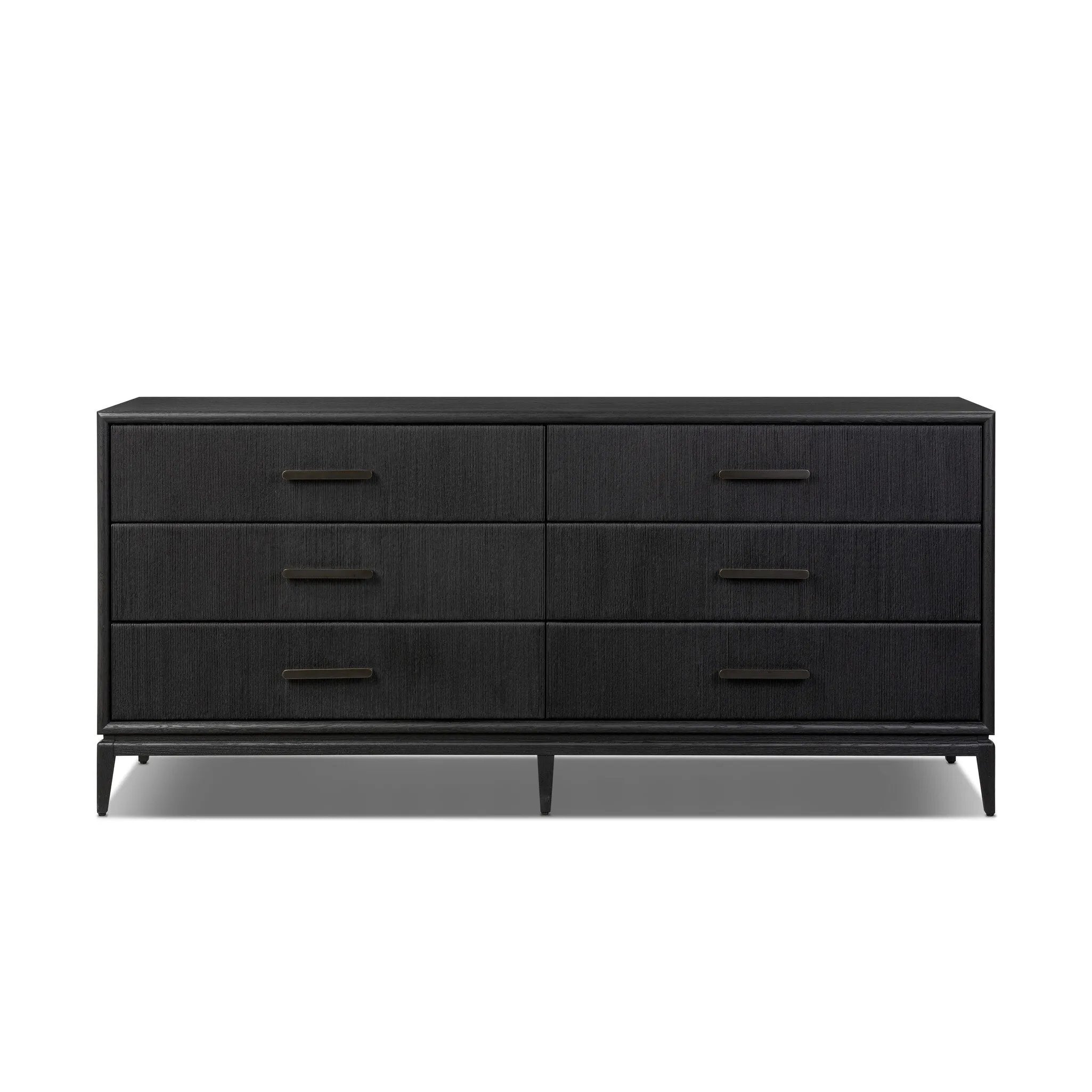 As fans of modern materials at Amethyst, we love the optimistic inspired Rosenell 6 Drawer Dresser - Black Paper Cord. This item pairs well with other brands such as Four Hands and is perfect for loft homes Amethyst Home provides interior design, new home construction design consulting, vintage area rugs, and lighting in the Omaha metro area.
