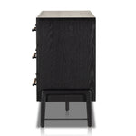 The ebony oak of this Rosedale 6 Drawer Dresser brings a moody, darkness to any room. With six spacious drawers and iron hardware wrapped in a gorgeous, tan leather, this is a functional and beautiful piece to add to your bedroom or other area.  Amethyst Home provides interior design, new home construction design consulting, vintage area rugs, and lighting in the Charlotte metro area.