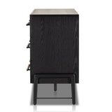 The ebony oak of this Rosedale 6 Drawer Dresser brings a moody, darkness to any room. With six spacious drawers and iron hardware wrapped in a gorgeous, tan leather, this is a functional and beautiful piece to add to your bedroom or other area.  Amethyst Home provides interior design, new home construction design consulting, vintage area rugs, and lighting in the Charlotte metro area.