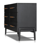 The ebony oak of this Rosedale 6 Drawer Dresser brings a moody, darkness to any room. With six spacious drawers and iron hardware wrapped in a gorgeous, tan leather, this is a functional and beautiful piece to add to your bedroom or other area.  Amethyst Home provides interior design, new home construction design consulting, vintage area rugs, and lighting in the Portland metro area.