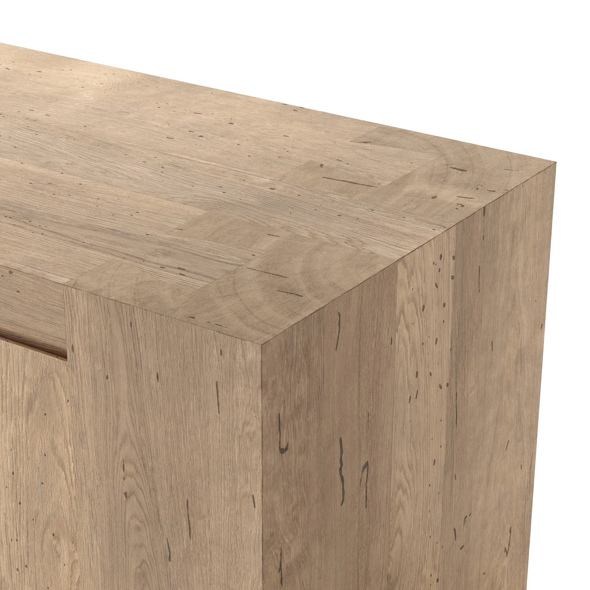 Made from thick-cut oak veneer with a rustic finish, this spacious media console features a pedestal base and dovetail joinery detailing.As lovers of clean aesthetics at Amethyst, we love the warm modern inspired Abaso Media Console - Whitewash Rustic Wormwood Oak. Amethyst Home provides interior design, new home construction design consulting, vintage area rugs, and lighting in the San Diego metro area.