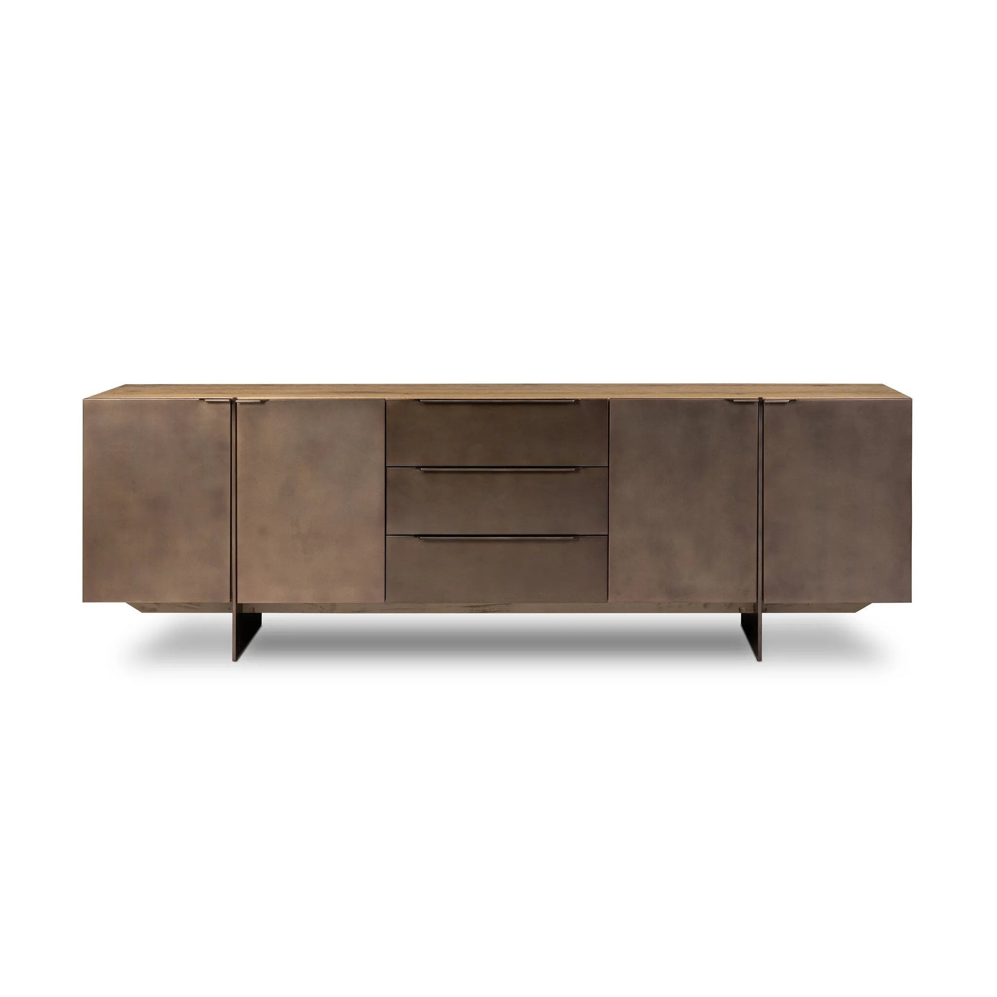 Designed around the piece’s slim metal legs, this media console combines aged brass-finished iron and aged smoked oak veneer for a sleek, modern look. Shelving and drawers provide ample room for your living or media space essentials. Rear cutouts for cord management. Amethyst Home provides interior design, new home construction design consulting, vintage area rugs, and lighting in the Salt Lake City metro area.