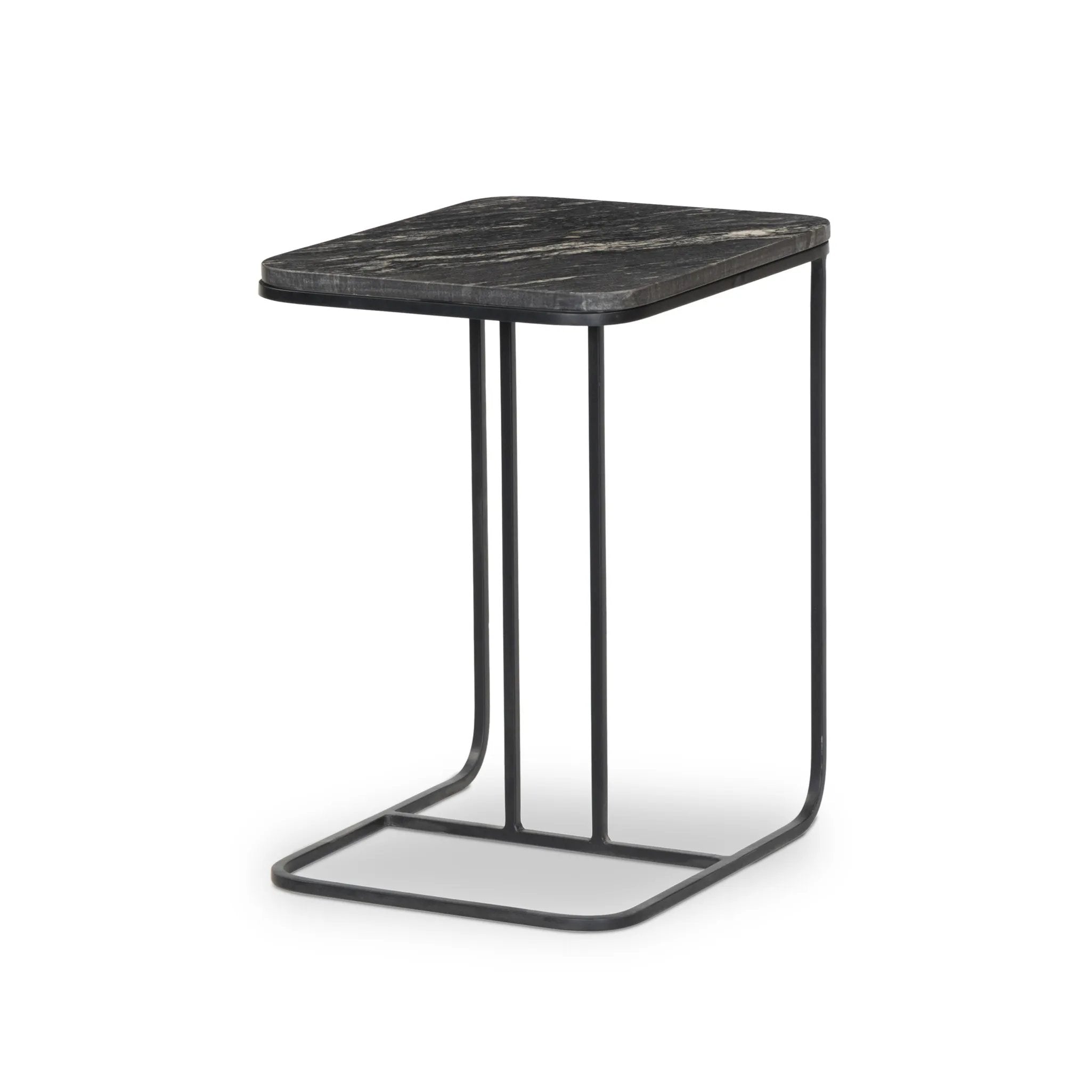 Add a pop of marble in a classic, matte black. Complemented by a monochromatic C-table base slides perfectly over a sofa, adding an easy surface Amethyst Home provides interior design, new home construction design consulting, vintage area rugs, and lighting in the Charlotte metro area.