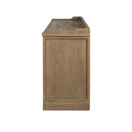 The classic sideboard takes new shape with a unique gallery design on top. Doors are fixed with a functional lock. Aged bronze hardware complements a weathered washed oak finish Amethyst Home provides interior design, new home construction design consulting, vintage area rugs, and lighting in the Austin metro area.