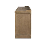 The classic sideboard takes new shape with a unique gallery design on top. Doors are fixed with a functional lock. Aged bronze hardware complements a weathered washed oak finish Amethyst Home provides interior design, new home construction design consulting, vintage area rugs, and lighting in the Austin metro area.