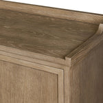 The classic sideboard takes new shape with a unique gallery design on top. Doors are fixed with a functional lock. Aged bronze hardware complements a weathered washed oak finish Amethyst Home provides interior design, new home construction design consulting, vintage area rugs, and lighting in the Houston metro area.