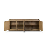 The classic sideboard takes new shape with a unique gallery design on top. Doors are fixed with a functional lock. Aged bronze hardware complements a weathered washed oak finish Amethyst Home provides interior design, new home construction design consulting, vintage area rugs, and lighting in the Kansas City metro area.