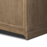 The classic sideboard takes new shape with a unique gallery design on top. Doors are fixed with a functional lock. Aged bronze hardware complements a weathered washed oak finish Amethyst Home provides interior design, new home construction design consulting, vintage area rugs, and lighting in the Seattle metro area.