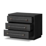 Beautifully minimalist. A three-drawer dresser made from black-finished ash  features long, linear bronzed hardware for a smooth, clean look Amethyst Home provides interior design, new home construction design consulting, vintage area rugs, and lighting in the Calabasas metro area.