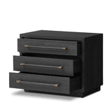 Beautifully minimalist. A three-drawer dresser made from black-finished ash  features long, linear bronzed hardware for a smooth, clean look Amethyst Home provides interior design, new home construction design consulting, vintage area rugs, and lighting in the Calabasas metro area.