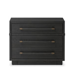 Beautifully minimalist. A three-drawer dresser made from black-finished ash  features long, linear bronzed hardware for a smooth, clean look Amethyst Home provides interior design, new home construction design consulting, vintage area rugs, and lighting in the Miami metro area.